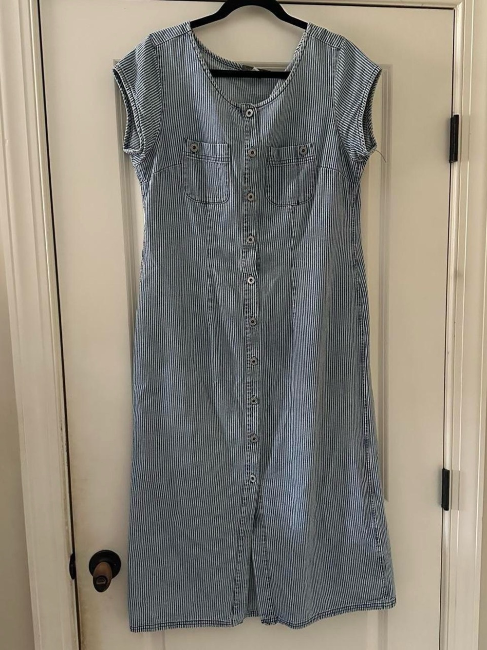 Anthropology Isabella Bird Midi Dress Denim Cap Sleeve Button Down Blue Stripe